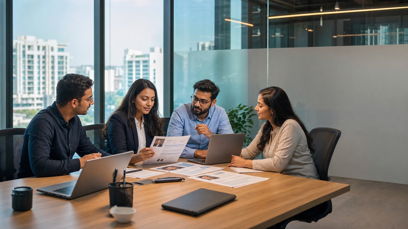 Recruitment and hiring planning meeting in a modern office